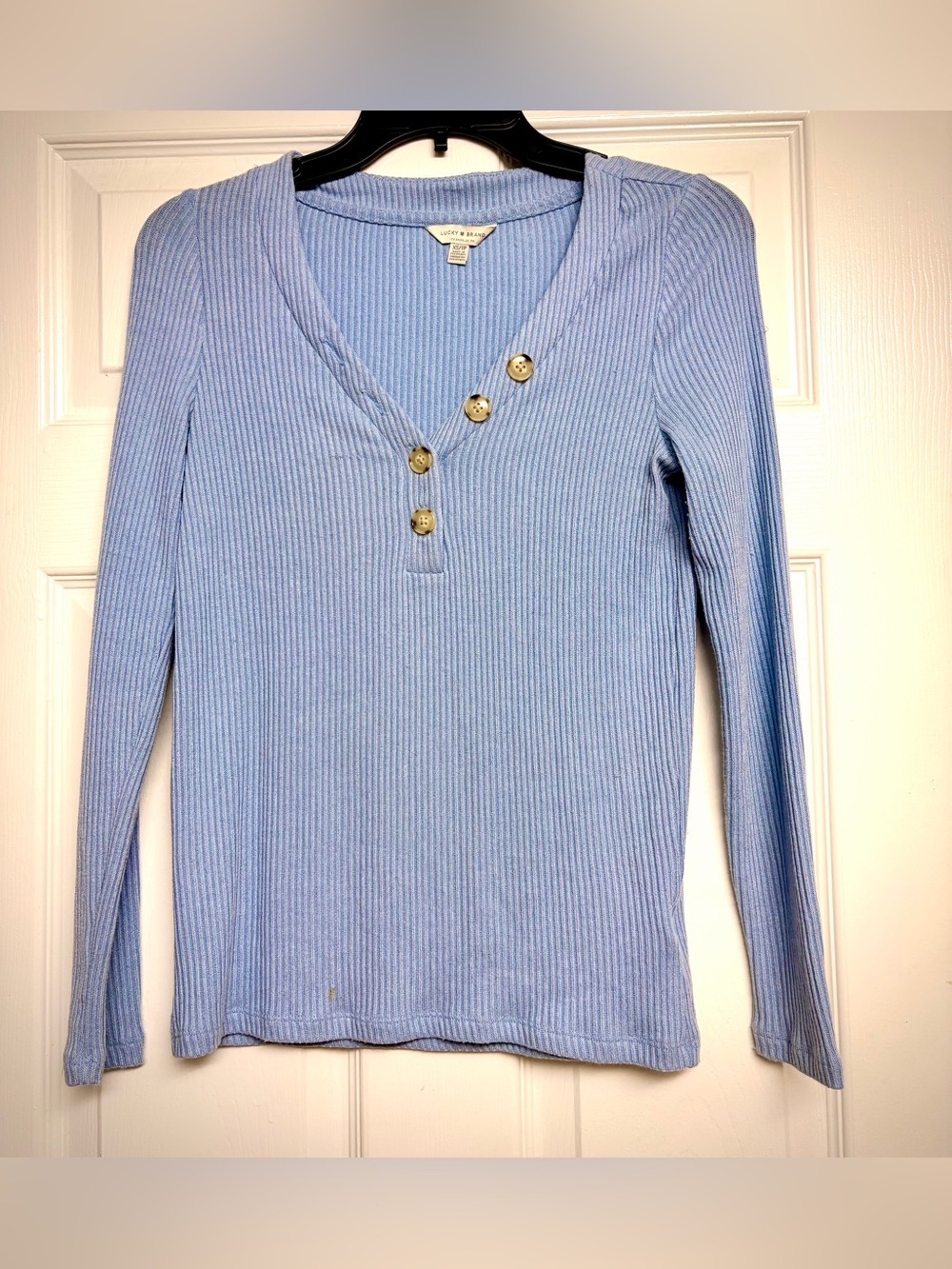 Lucky Brand Light Blue Ribbed Henley Long-Sleeve Top